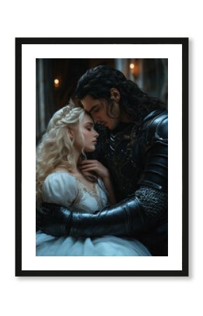 romantic fantasy ,man knight  with long hair wearing black armor, princess in a white dress sitting inside a castle room at night. 