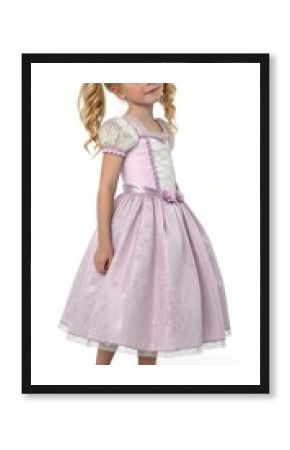 Girl wearing a purple princess gown and golden tiara looking up