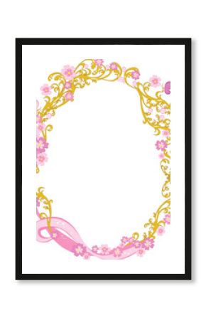 Vector romantic frame with golden vintage ornament, pink flowers, butterflies, pearl beads, and shiny pink ribbons.