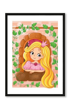 Cute little princess girl in the castle window against the background of a wall entwined with a green plant. Vector illustration in a cartoon style.