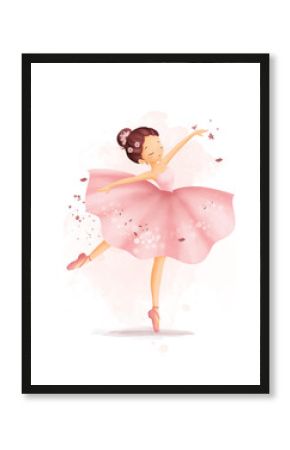 Watercolor Illustrastion Beautiful Ballerina Wears Pink Dress