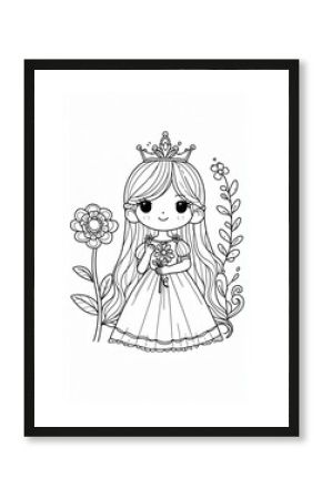 Adorable kawaii princess holding a star wand with magical sparkles. A delightful vector coloring page for kids and preschool fairy tale fun.