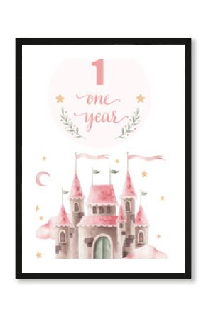 Watercolor composition with cartoon fairy castle and stars for photo shoots for newbon girls. Vector monthly card for baby.