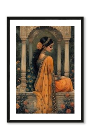 Mughal princess in vibrant saree under domed pavilion with peacock and lush garden