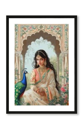 Mughal princess in ornate pavilion garden with peacock illustration