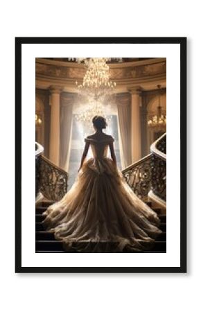 beautiful woman in a glamorous gown walking up the stairs, shot from behind