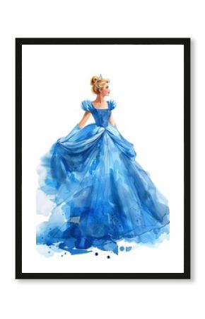 Elegant watercolor painting of a young woman in a beautiful blue ball gown, radiating grace and fairytale charm.