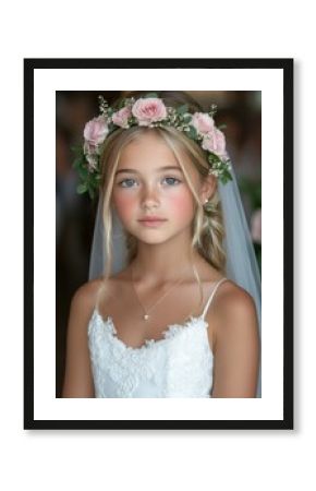 A young girl wearing a white dress and a flower crown. She has a necklace around her neck