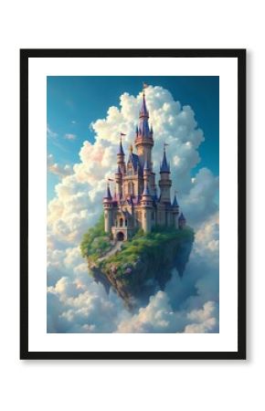 illustration d'un château flottant qui se situe dans les nuages au sein d'un décors fantasmagorique 
