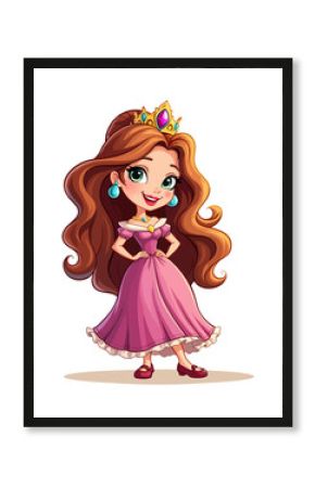A cute cartoon princess wearing a pink dress with long brown hair and a crown on her head.
