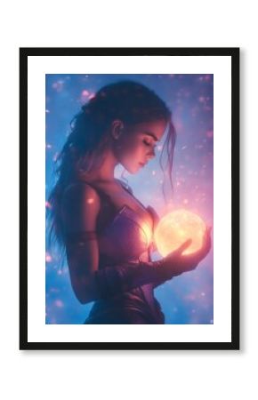 Fantasy warrior princess in glowing armor holding a magical orb