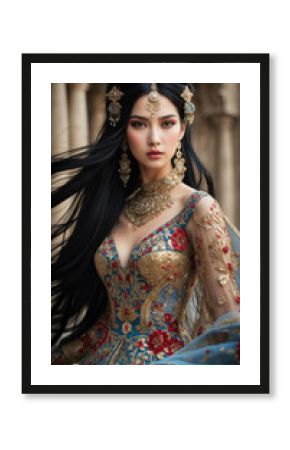 A highly detailed and stylized portrait of a woman in traditional attire, against a blurred architectural background