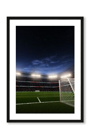 Empty goals at soccer stadium at night 3d render