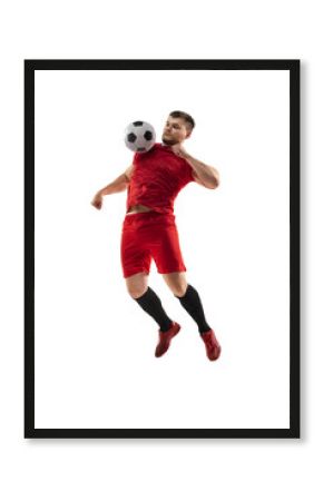 Powerful, flying above the field. Young football, soccer player in action, motion isolated on white background .