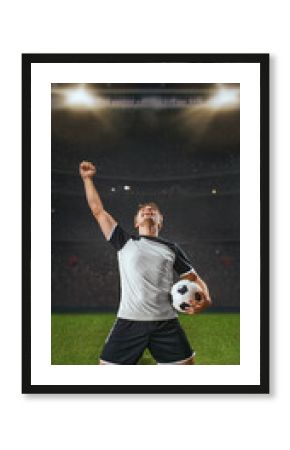 soccer players cheering in a large stadium - vertical poster concept