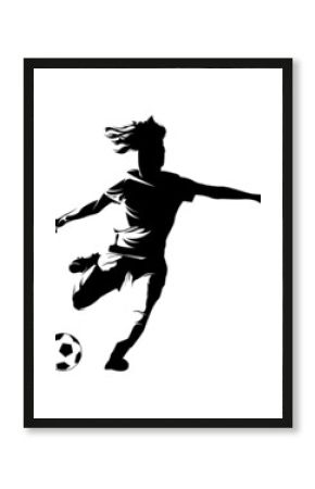 Women soccer player vector silhouettes on white background isolated. Silhouette of a woman kicking soccer ball, vector illustration