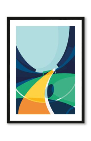 Creative soccer poster with flying ball. Placard design in abstract style.