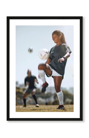 Football, sports and training with woman juggling with knees for workout, exercise and fitness on field. Health, wellness and practice with athlete and soccer ball for game, goals or cardio lifestyle