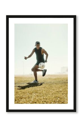 Sports, soccer and man running on soccer field outdoors fitness goal training for sport competition. Young athlete, cardio workout motivation and healthy exercise development for energy or wellness