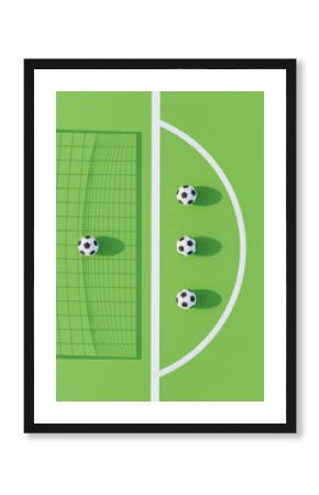 3D render of soccer concept. Symmetrical soccer balls on field.