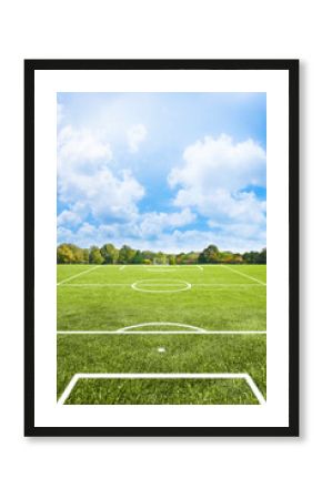 White lines of a soccer field against soft green grass