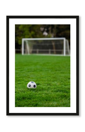 Classic soccer of football ball on the dark green grass field in focus. Goal post out of focus in the background. World wide popular sport activity.