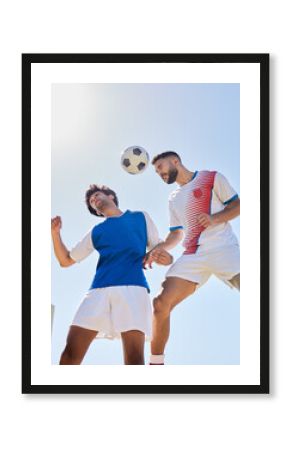 Soccer, sport and fitness, men with soccer ball playing match, rival and jump on sports field outdoor. Soccer player, exercise and athlete play game, cardio and endurance with professional club.