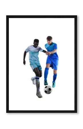 Close-up of football action scene with competing soccer players