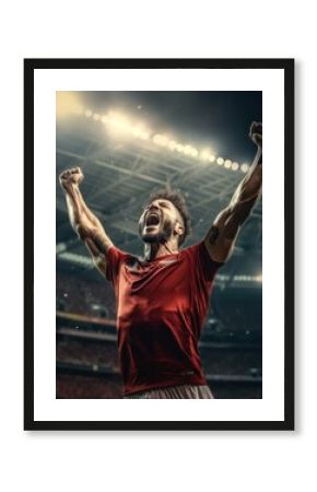 Soccer player in a red jersey is celebrating in a stadium. Concept of excitement and joy, as the man's arms are raised high in the air