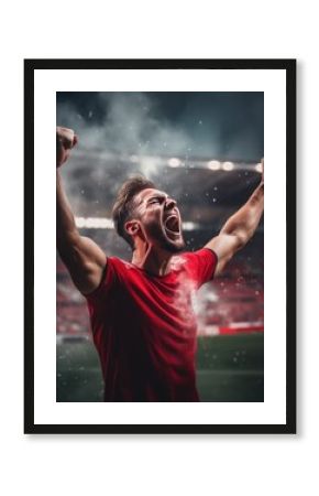 Soccer player in red jersey rejoicing over a scored goal