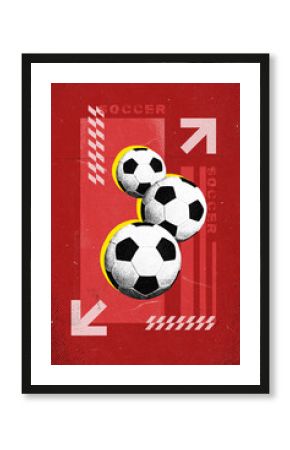 Three soccer balls against red background with abstract design elements. Modern design. Concept of sport, attributes, championship. Poster for sport events, schools.