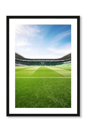 An empty soccer stadium with green grass, suitable for sports events