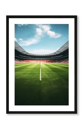 An empty soccer stadium with green grass and red seats. Perfect for sports or event concepts