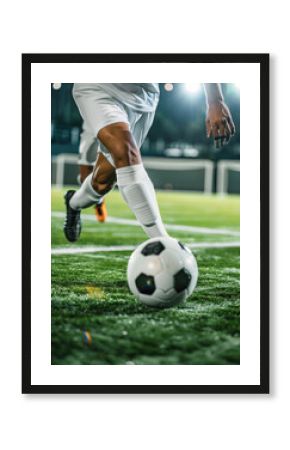 International football player wearing shin guards and cleats positions himself behind a soccer ball on a grass field in big athletic stadium and prepares to kick off professional championship game