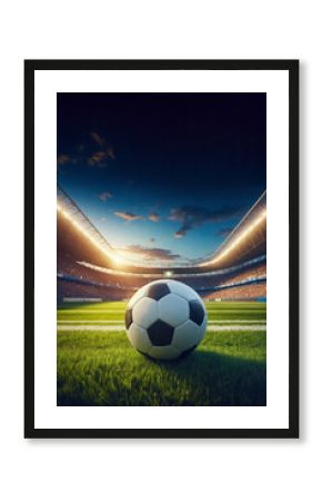 soccer ball on turf inside a stadium, night game, photo realistic illustration