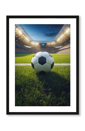 soccer ball on turf inside a stadium, night game, photo realistic illustration