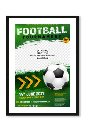 Football or soccer tournament poster template with ball, arrows and place for your photo