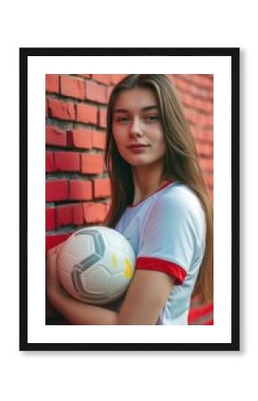 Young blonde female soccer player posing with ball for photoshoot. Fictional Character Created By Generative AI. 