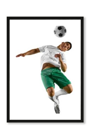 Dynamic shot of soccer player jumps in mid-air prepares to head soccer ball, with his body twisted in motion against transparent background. Concept of sport, competition, tournament, energy