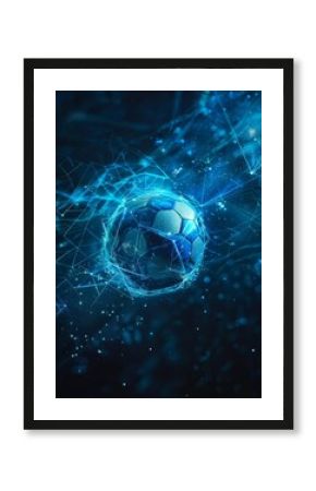 A glowing soccer ball surrounded by dynamic blue  digital effects, symbolizing energy, technology, and the excitement of modern sports