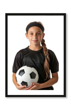 Female child athlete holding a soccer ball, transparent background (PNG)