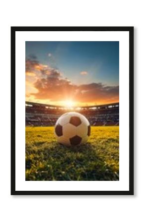 Poster. Photo of soccer ball placed on green lush football stadium illuminated sun light against blurred background.