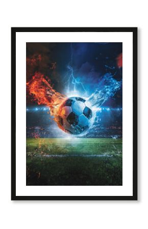 a soccer ball on green field with blur stadium at background