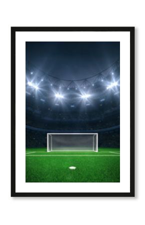 Modern sport stadium at night and football or soccer field with white goalpost ready for the match. Sports background as 3D illustration in vertical format for social media advertising.