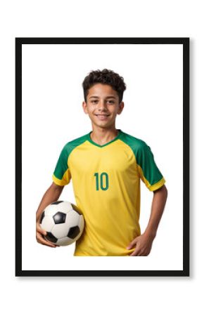 Very young soccer player doing pose for a portrait, isolated background