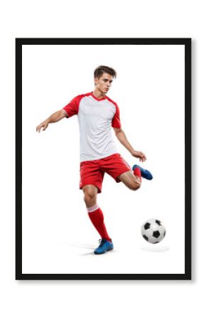 Football player doing ball kick, dynamic action pose on isolated background