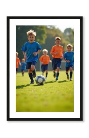 Children play soccer energetically on a grass field, with a focus on the players and dynamic light and shadow enhancing the lively scene.   