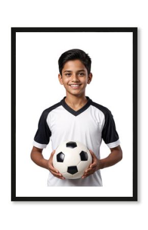 Portrait of a young football player in white jersey holding a soccer ball