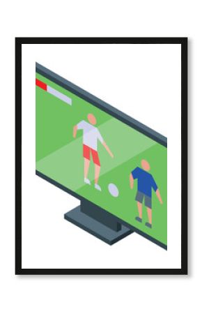 Football match being broadcast on television screen with soccer players running on green field