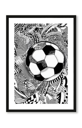 A black-and-white illustration featuring a soccer ball surrounded by intricate patterns.